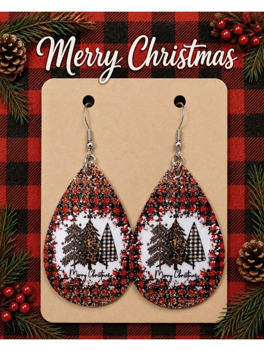 Retro Christmas Tree Buffalo Plaid Style Faux Leather Hypoallergenic Earrings
